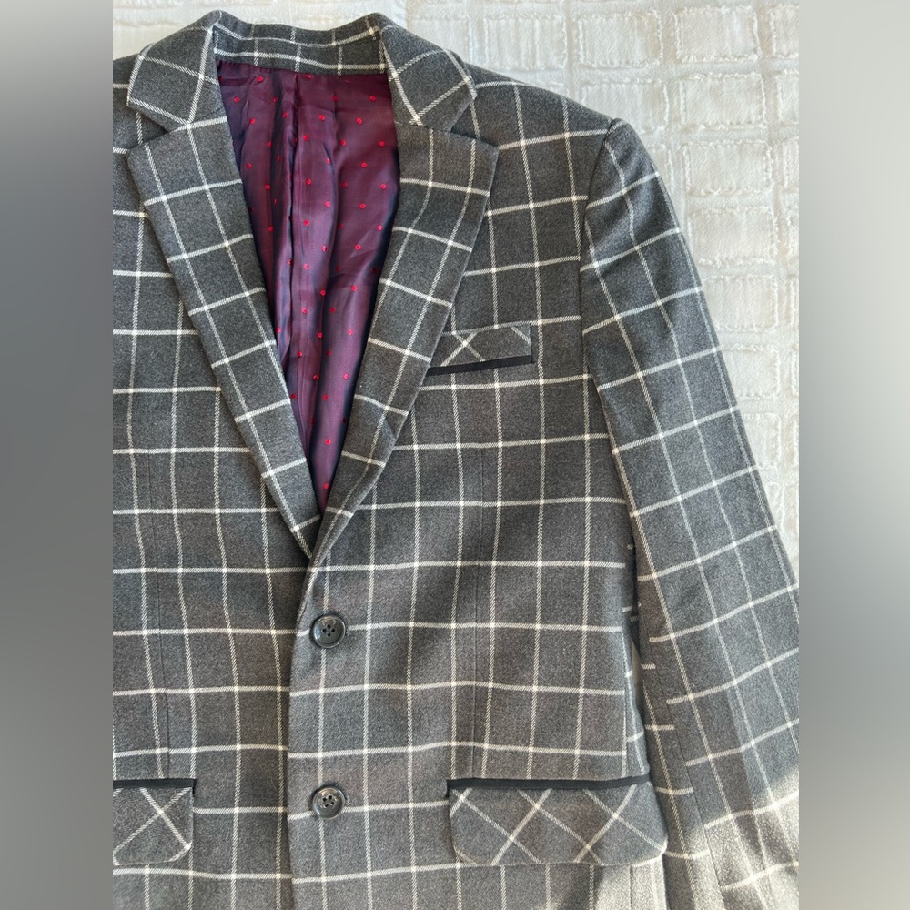 ISAAC MIZRAHI Wool Blend Single Breasted Side Vent Window Pane Plaid Blazer Sz10